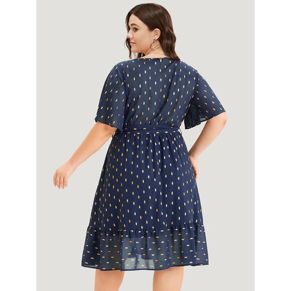 Plus Size 2X 18 20 Blue BloomChic Dress Gold Foil Dot Pockets slimming and comfy - Picture 2 of 11